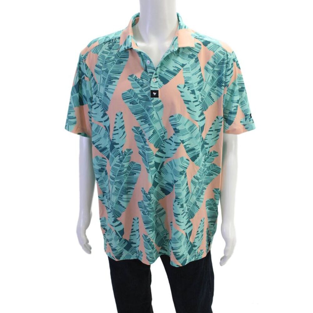 Bad Birdie Mens Plant Print Short Sleeve Polo Shirt Orange Size 2XL